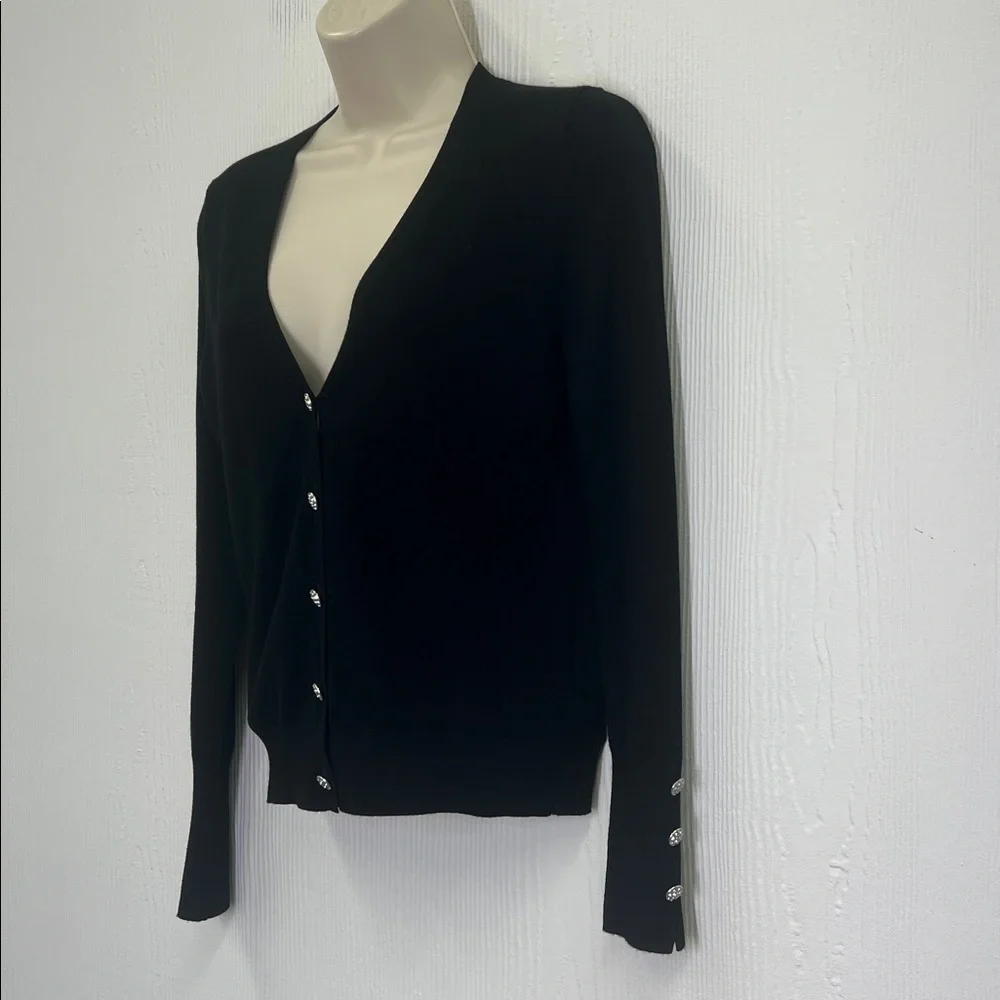 Zara - Black V Neck Lightweight Rhinestone Buttons Long Sleeve Cardigan Small